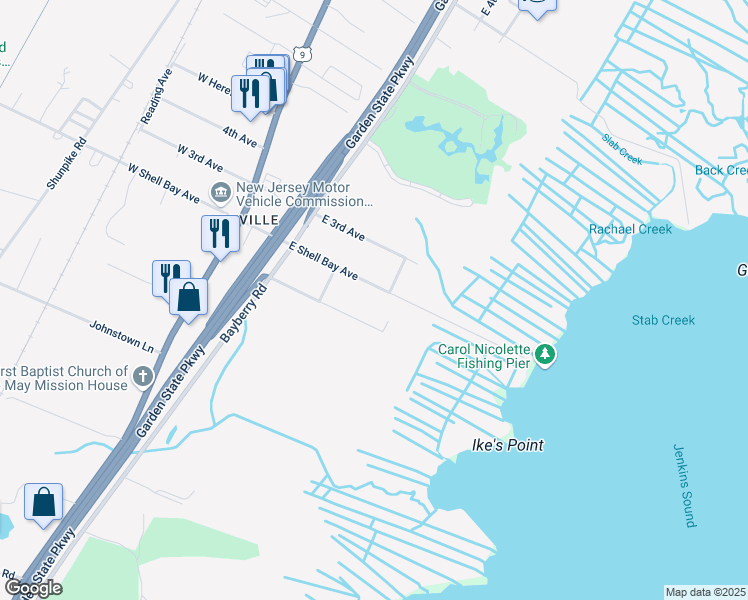 map of restaurants, bars, coffee shops, grocery stores, and more near 306 E 1st Ave in Middle Township
