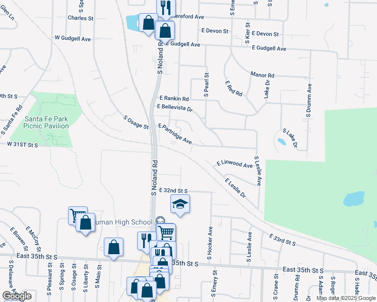 map of restaurants, bars, coffee shops, grocery stores, and more near 321 East Partridge Avenue in Independence