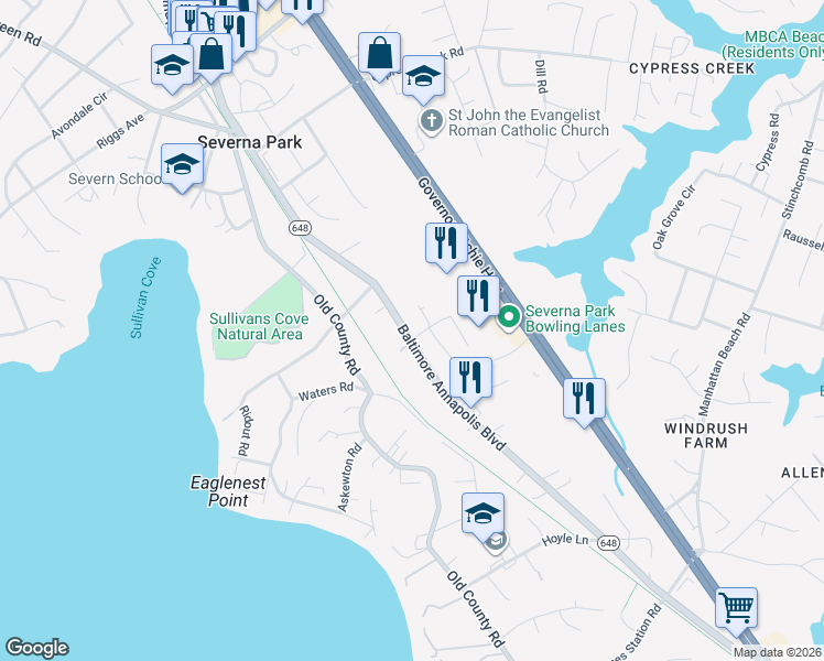 map of restaurants, bars, coffee shops, grocery stores, and more near 797 Baltimore Annapolis Boulevard in Severna Park