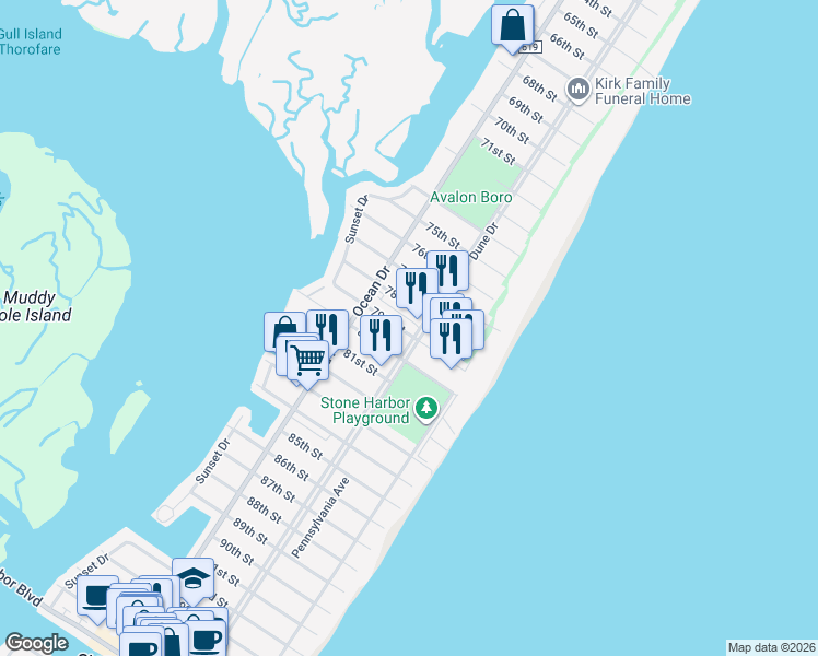 map of restaurants, bars, coffee shops, grocery stores, and more near 7888 Dune Drive in Avalon