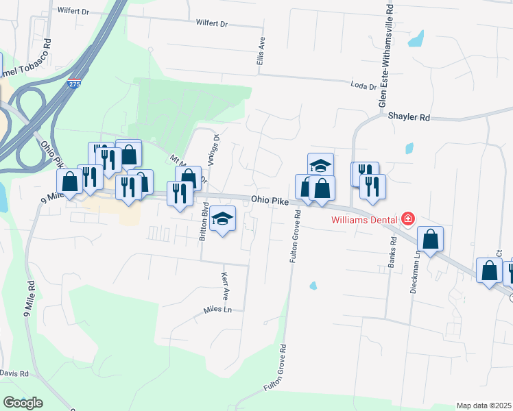 map of restaurants, bars, coffee shops, grocery stores, and more near 747 Ohio Pike in Cincinnati