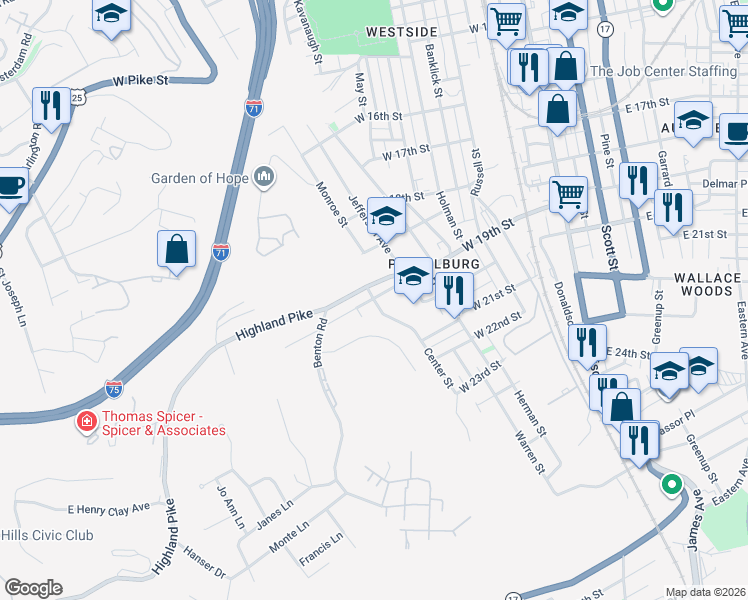 map of restaurants, bars, coffee shops, grocery stores, and more near 1915 Franklin Street in Covington