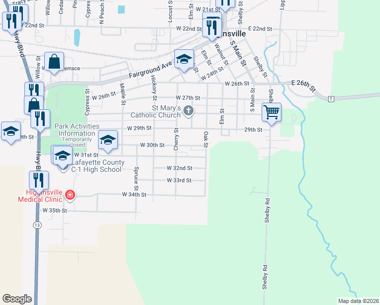 map of restaurants, bars, coffee shops, grocery stores, and more near 307B West 31st Street in Higginsville
