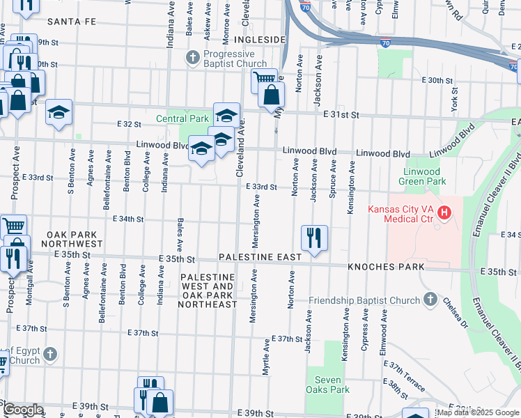 map of restaurants, bars, coffee shops, grocery stores, and more near 3329 Mersington Avenue in Kansas City