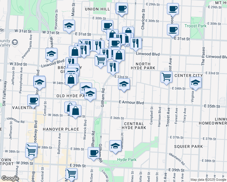 map of restaurants, bars, coffee shops, grocery stores, and more near 3419 Locust Street in Kansas City
