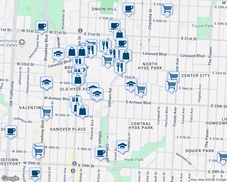 map of restaurants, bars, coffee shops, grocery stores, and more near 3432 Gillham Road in Kansas City