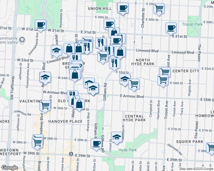 map of restaurants, bars, coffee shops, grocery stores, and more near 3432 Gillham Road in Kansas City