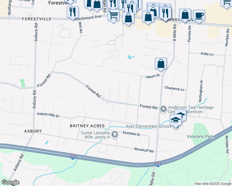map of restaurants, bars, coffee shops, grocery stores, and more near 928 Anderson Glen Drive in Cincinnati