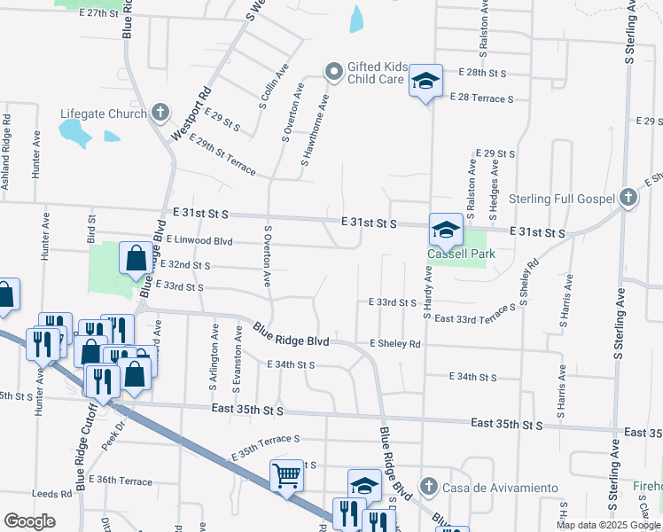 map of restaurants, bars, coffee shops, grocery stores, and more near 3201 South Hawthorne Avenue in Independence