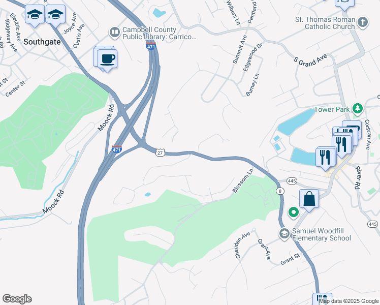 map of restaurants, bars, coffee shops, grocery stores, and more near Beverly Hills Drive in Southgate