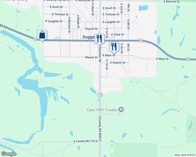 map of restaurants, bars, coffee shops, grocery stores, and more near 1215-1249 South County Road 800 East in Dugger