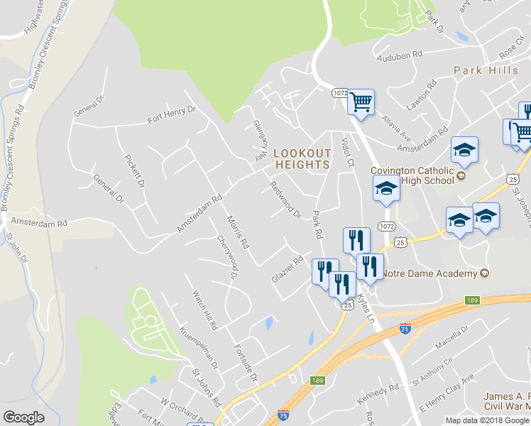 map of restaurants, bars, coffee shops, grocery stores, and more near 1646 Elder Court in Fort Wright