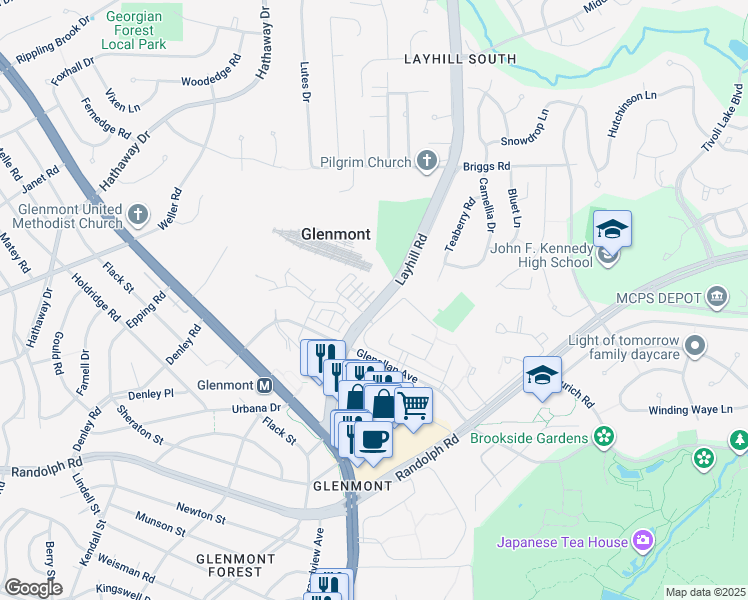 map of restaurants, bars, coffee shops, grocery stores, and more near 12704 Layhill Road in Silver Spring