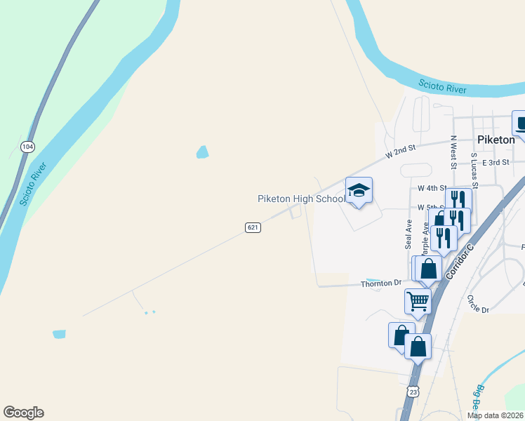 map of restaurants, bars, coffee shops, grocery stores, and more near 1149 Piketon Road in Piketon