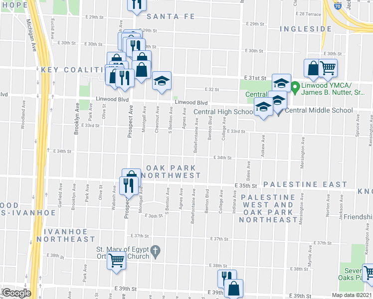map of restaurants, bars, coffee shops, grocery stores, and more near 3341 Agnes Avenue in Kansas City