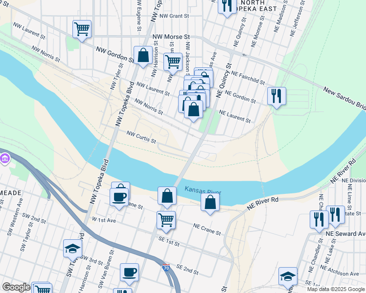 map of restaurants, bars, coffee shops, grocery stores, and more near 725 North Kansas Avenue in Topeka