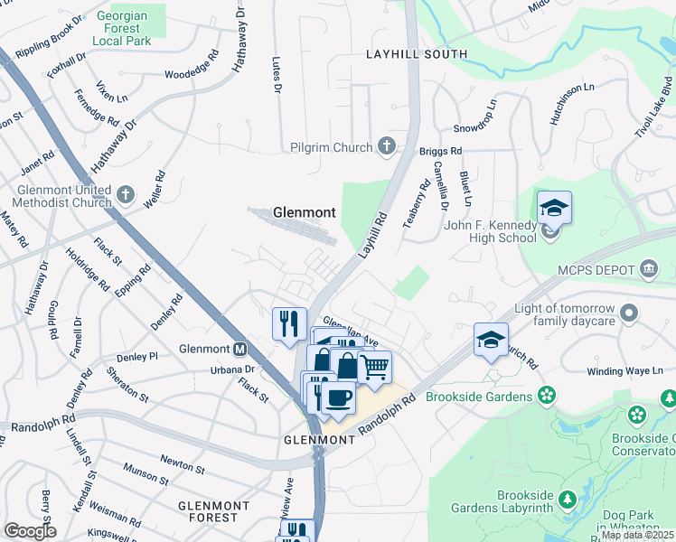map of restaurants, bars, coffee shops, grocery stores, and more near 12704 Layhill Road in Silver Spring