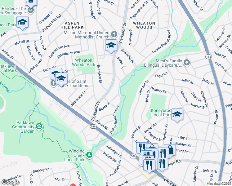 map of restaurants, bars, coffee shops, grocery stores, and more near 12700 Turkey Branch Parkway in Rockville