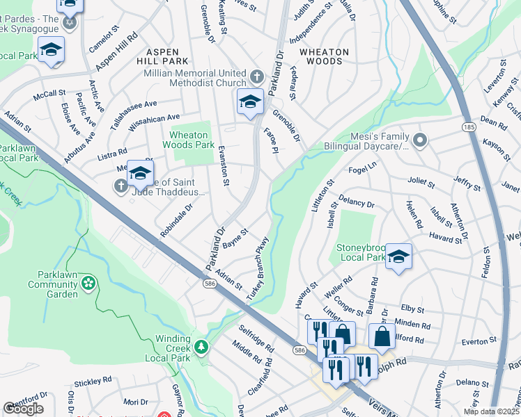 map of restaurants, bars, coffee shops, grocery stores, and more near 12700 Turkey Branch Parkway in Rockville