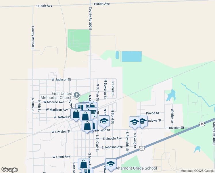 map of restaurants, bars, coffee shops, grocery stores, and more near 407 North Edwards Street in Altamont