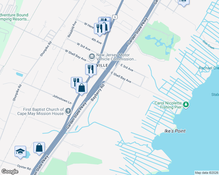 map of restaurants, bars, coffee shops, grocery stores, and more near 207 East 1st Avenue in Cape May County