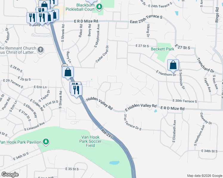 map of restaurants, bars, coffee shops, grocery stores, and more near 17810 East 30th Terrace Court South in Independence