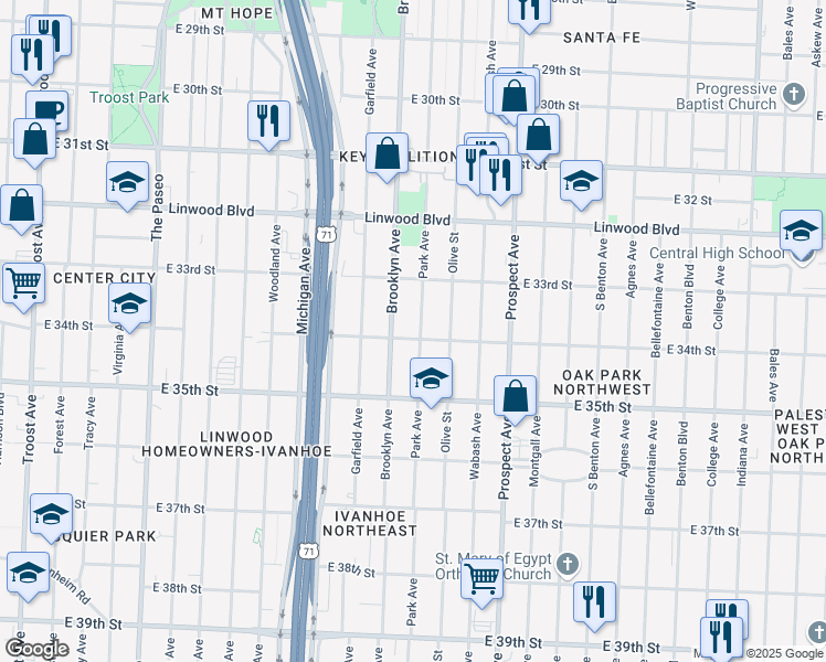 map of restaurants, bars, coffee shops, grocery stores, and more near 2211 East 34th Street in Kansas City