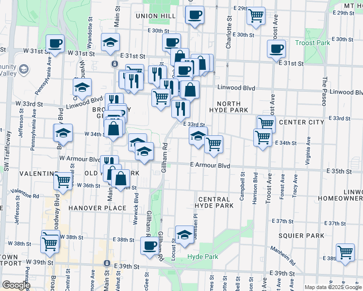 map of restaurants, bars, coffee shops, grocery stores, and more near 3419 Locust Street in Kansas City