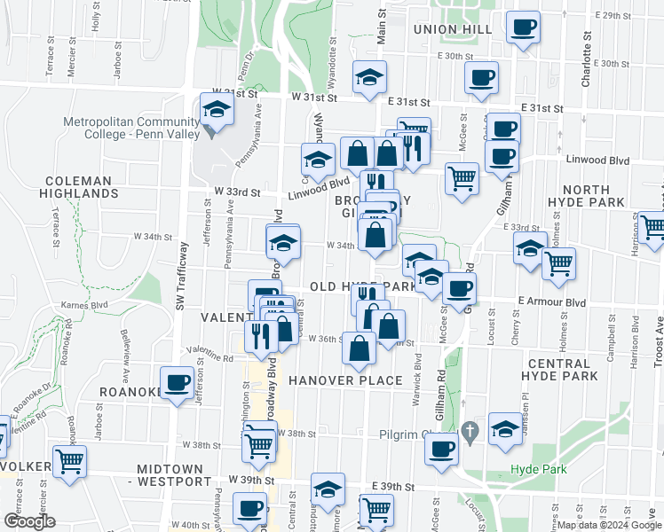 map of restaurants, bars, coffee shops, grocery stores, and more near 3424 Baltimore Avenue in Kansas City