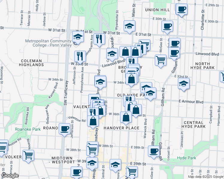 map of restaurants, bars, coffee shops, grocery stores, and more near 3432 Wyandotte Street in Kansas City