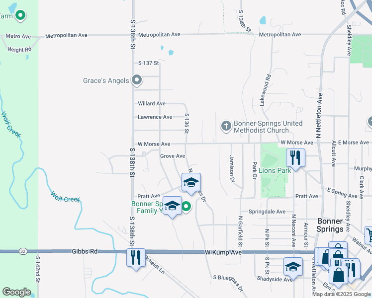 map of restaurants, bars, coffee shops, grocery stores, and more near 478 North Bluegrass Drive in Bonner Springs