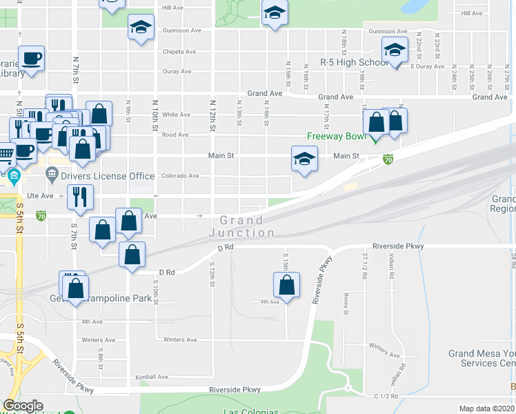 map of restaurants, bars, coffee shops, grocery stores, and more near 1346 Pitkin Avenue in Grand Junction