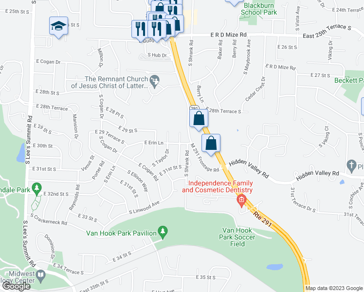 map of restaurants, bars, coffee shops, grocery stores, and more near 3001 South Peck Drive in Independence