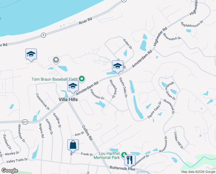 map of restaurants, bars, coffee shops, grocery stores, and more near 953 Woodchuck Drive in Villa Hills