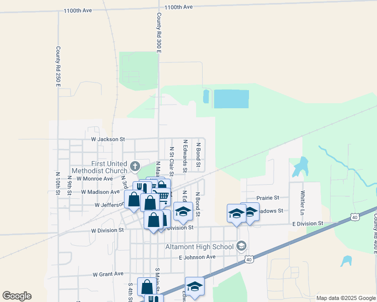 map of restaurants, bars, coffee shops, grocery stores, and more near 407 North Edwards Street in Altamont