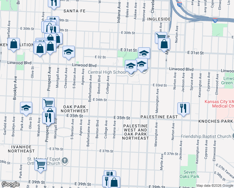 map of restaurants, bars, coffee shops, grocery stores, and more near 3345 Indiana Avenue in Kansas City