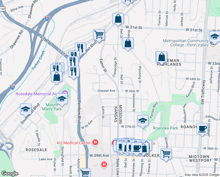 map of restaurants, bars, coffee shops, grocery stores, and more near 1919 Chester Avenue in Kansas City
