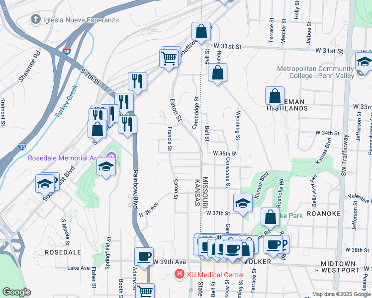 map of restaurants, bars, coffee shops, grocery stores, and more near 2006 Chester Street in Kansas City