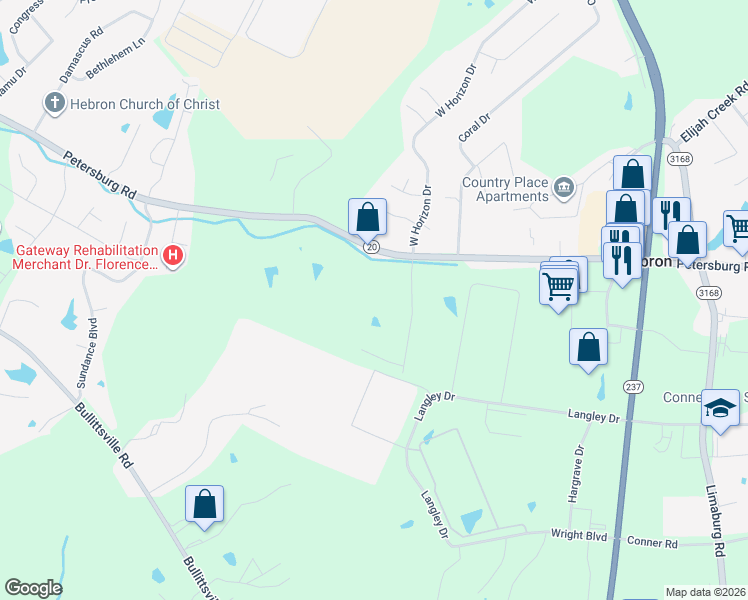map of restaurants, bars, coffee shops, grocery stores, and more near 2281 Petersburg Road in Hebron