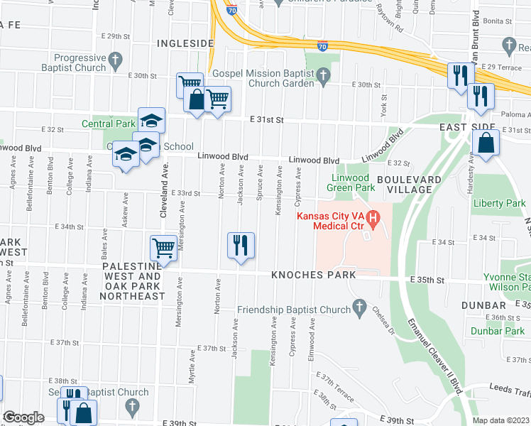 map of restaurants, bars, coffee shops, grocery stores, and more near 3321 Spruce Avenue in Kansas City