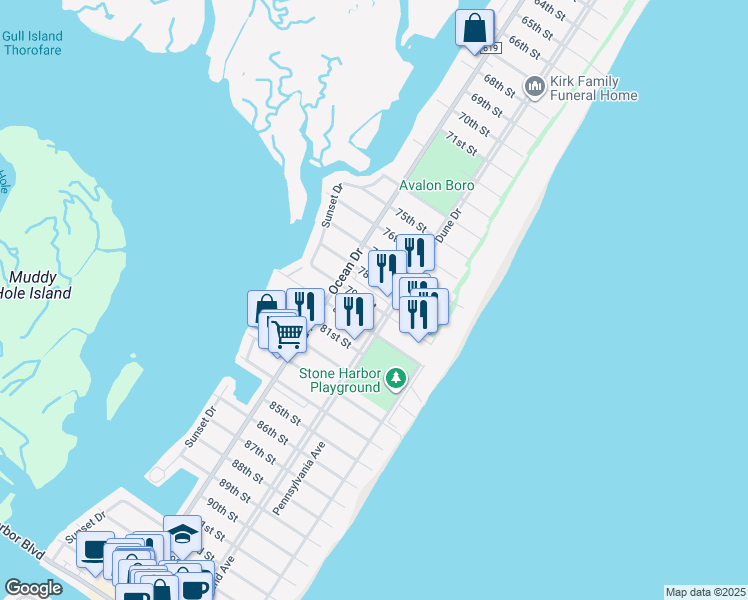 map of restaurants, bars, coffee shops, grocery stores, and more near 7888 Dune Drive in Avalon