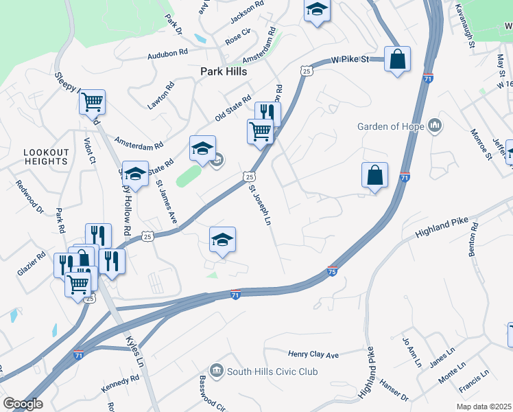 map of restaurants, bars, coffee shops, grocery stores, and more near 621 Saint Joseph Lane in Park Hills