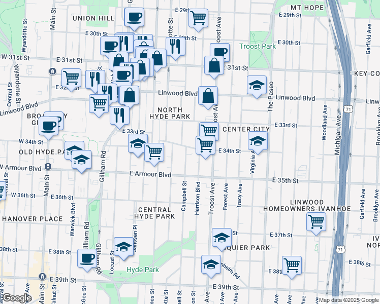 map of restaurants, bars, coffee shops, grocery stores, and more near 3424 Harrison Street in Kansas City