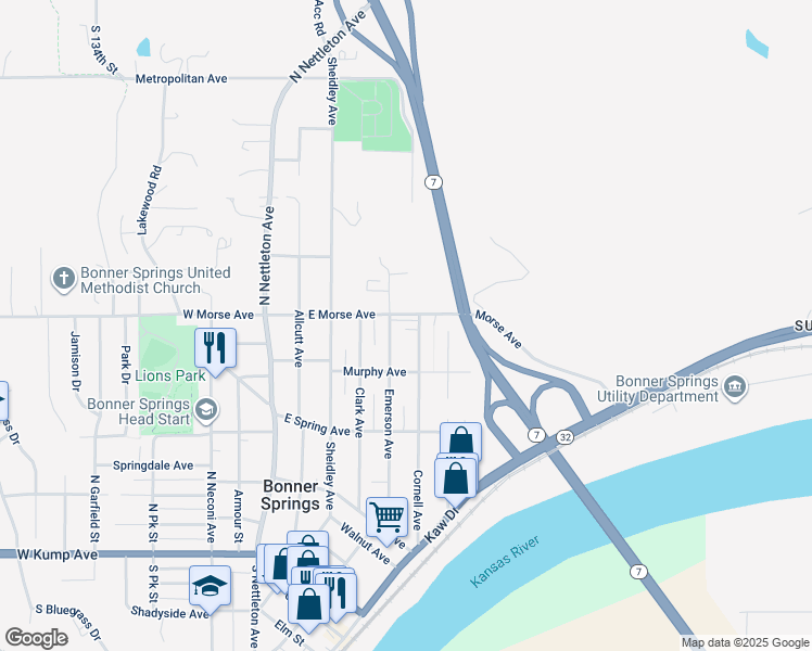 map of restaurants, bars, coffee shops, grocery stores, and more near 333 Emerson Avenue in Bonner Springs