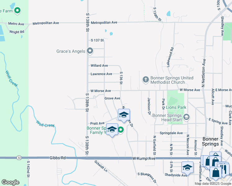 map of restaurants, bars, coffee shops, grocery stores, and more near 478 North Bluegrass Drive in Bonner Springs