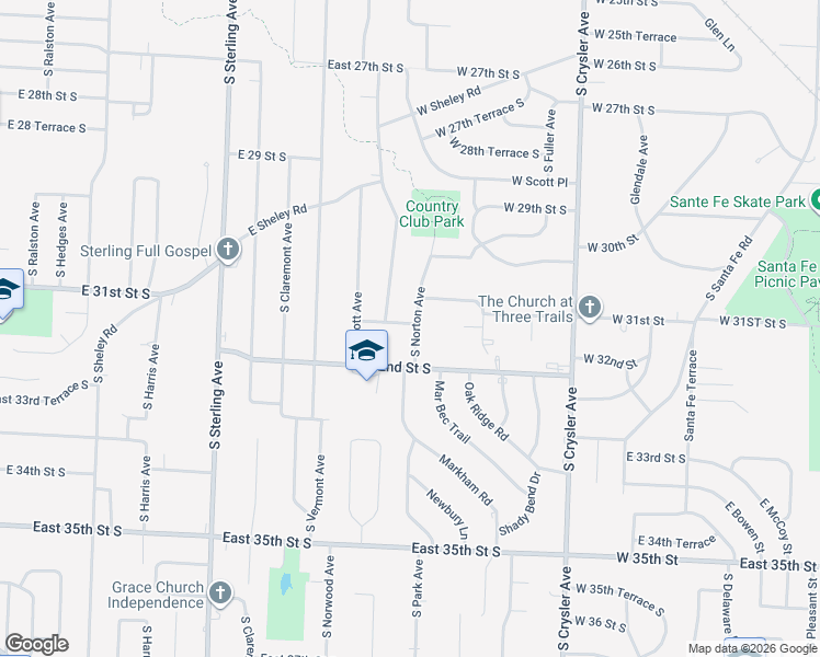 map of restaurants, bars, coffee shops, grocery stores, and more near 11501 East 31st Street South in Independence