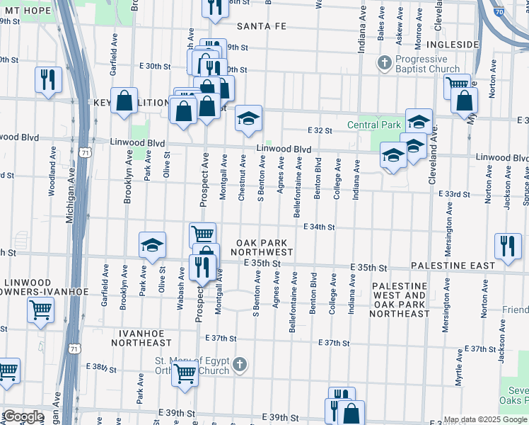 map of restaurants, bars, coffee shops, grocery stores, and more near 3331 South Benton Avenue in Kansas City