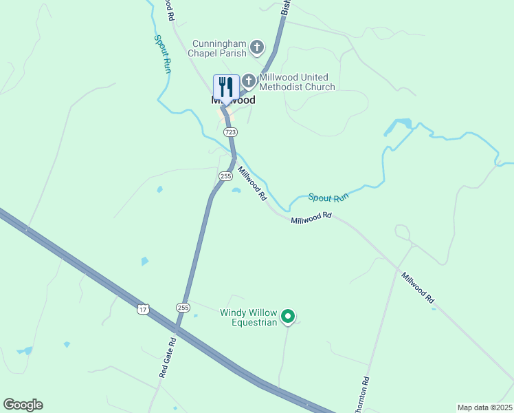 map of restaurants, bars, coffee shops, grocery stores, and more near 2370 Millwood Road in Boyce