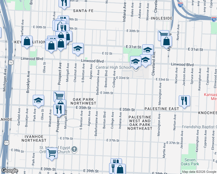 map of restaurants, bars, coffee shops, grocery stores, and more near 3338 Benton Boulevard in Kansas City