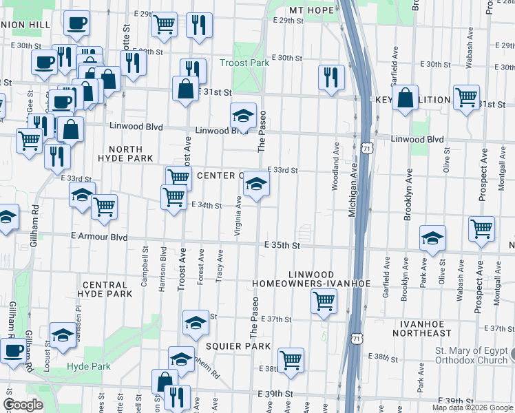 map of restaurants, bars, coffee shops, grocery stores, and more near 3400 The Paseo in Kansas City